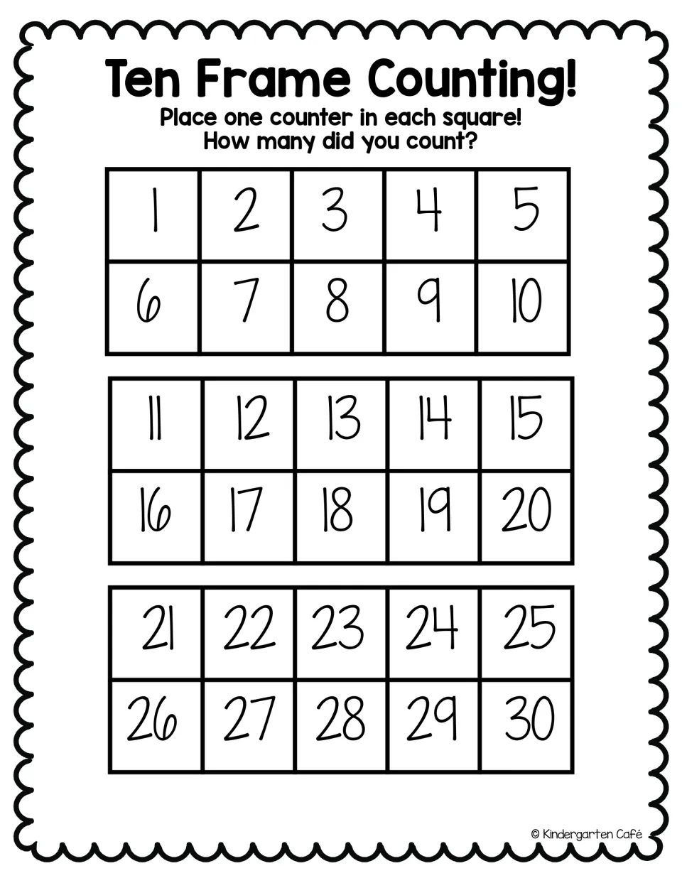Ten Frame Counting to 30: students place one counter in each numbered square across three ten frames and tell how many