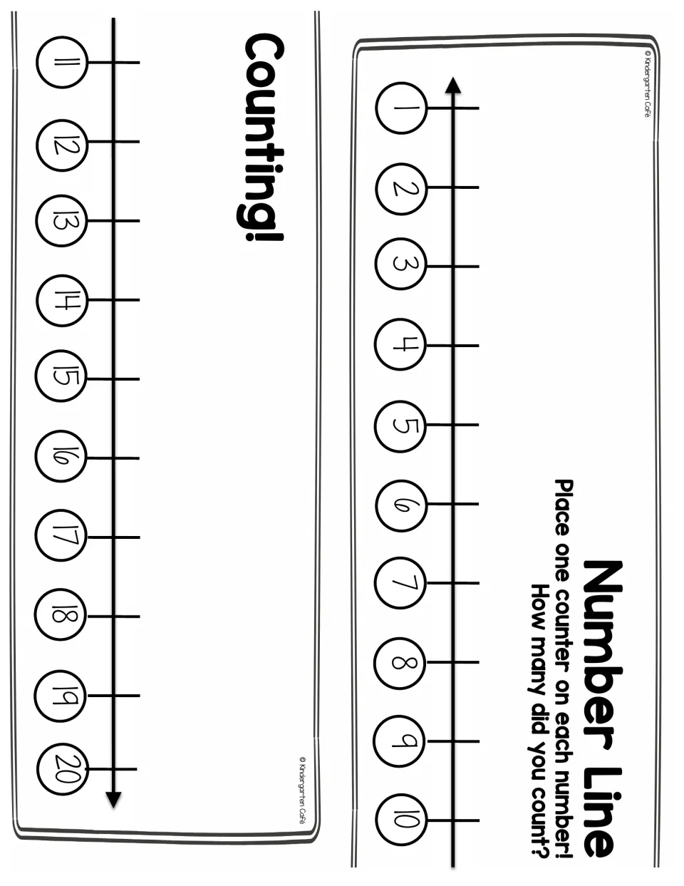 Number Line Counting strips 1-10 and 11-20 to cut and join; students place one counter on each number and tell how many