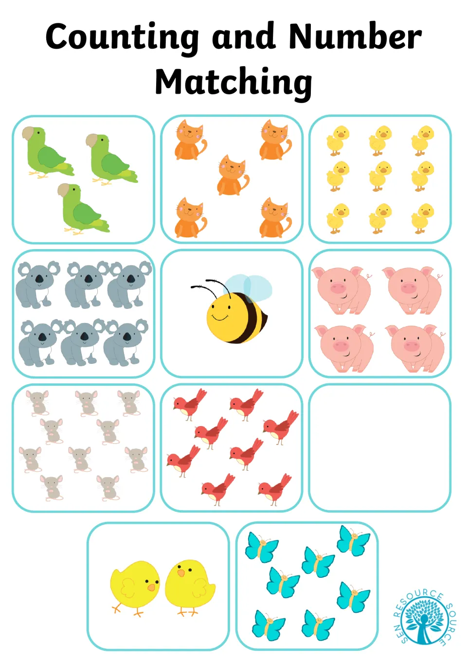 Counting sets 0 to 10: students count animal groups like 3 parrots, 9 ducks and 10 mice, plus one empty set