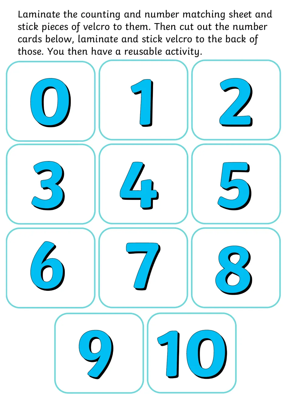 Number cards 0 to 10 to cut out, laminate and attach with velcro so students match each numeral to its counted animal set