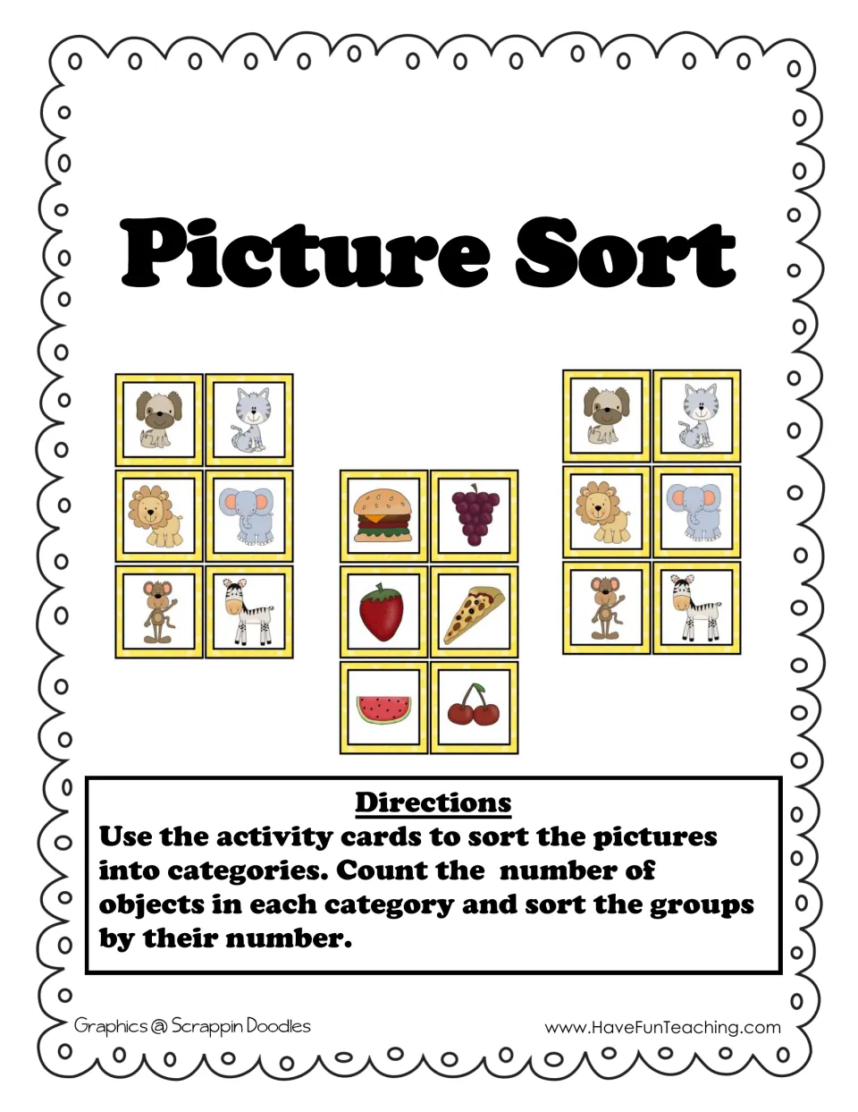 Picture Sort cover with sample animal and food cards; directions say sort by category, count each group, order by number