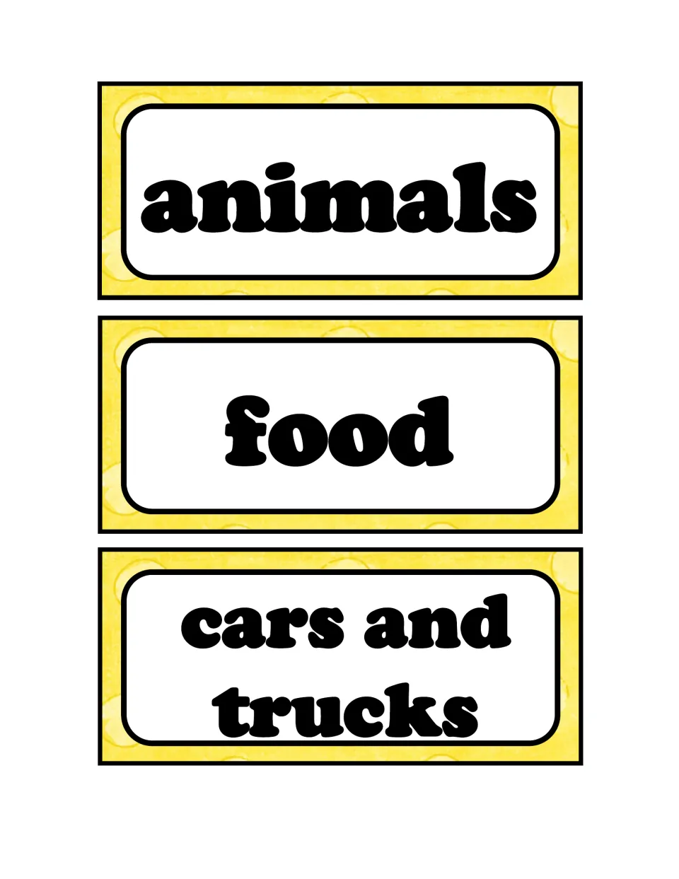 Category header cards reading animals, food, and cars and trucks for students to place picture cards under when sorting
