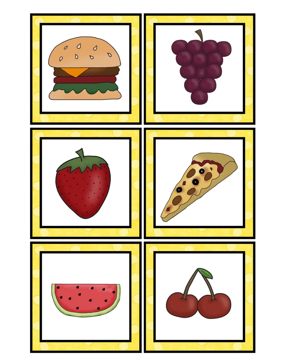 Food picture cards to sort and count: hamburger, grapes, strawberry, pizza slice, watermelon slice and cherries