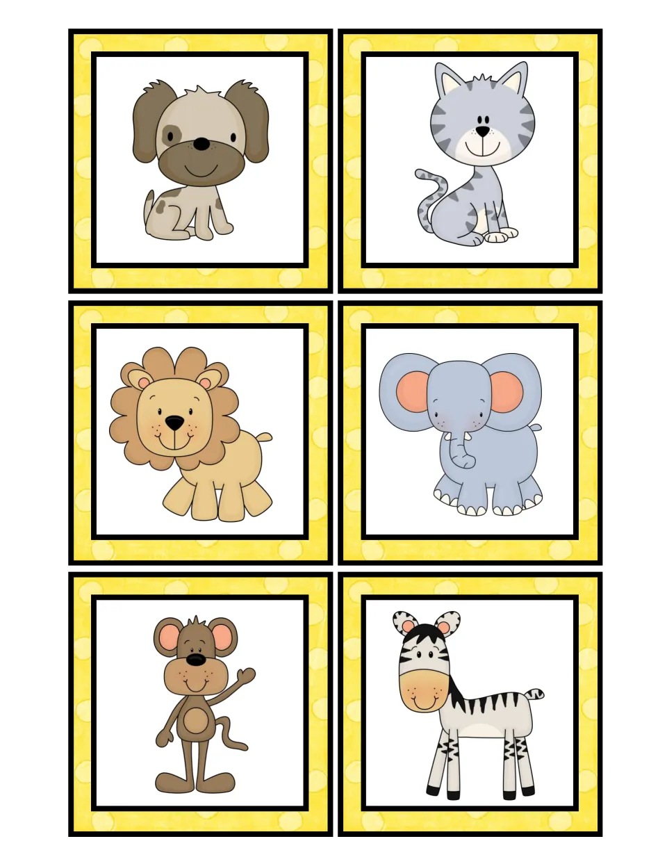Animal picture cards to sort and count: puppy, cat, lion, elephant, monkey and zebra for the animals category