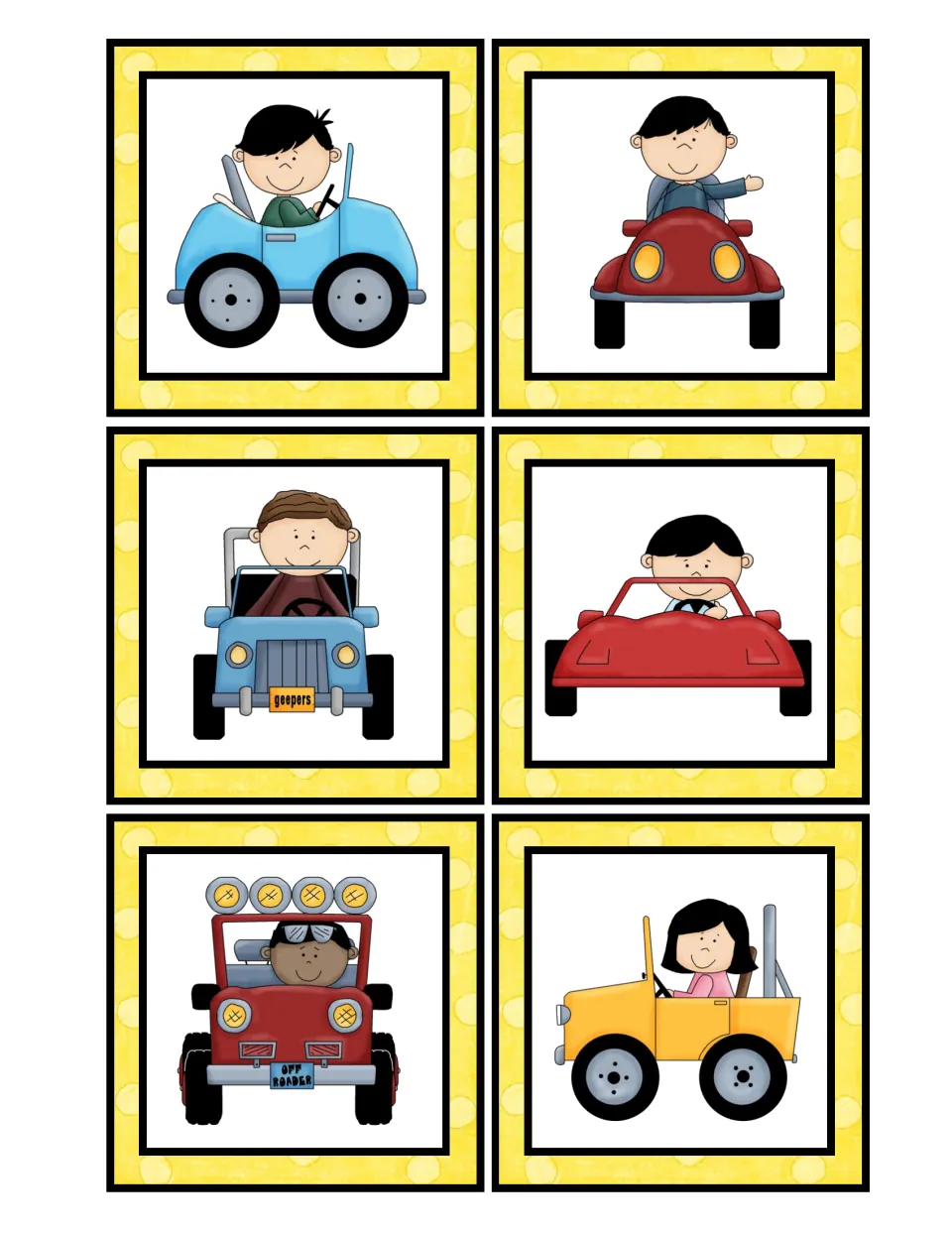 Cars and trucks picture cards to sort and count: six vehicles, including cars and jeeps, each driven by a child