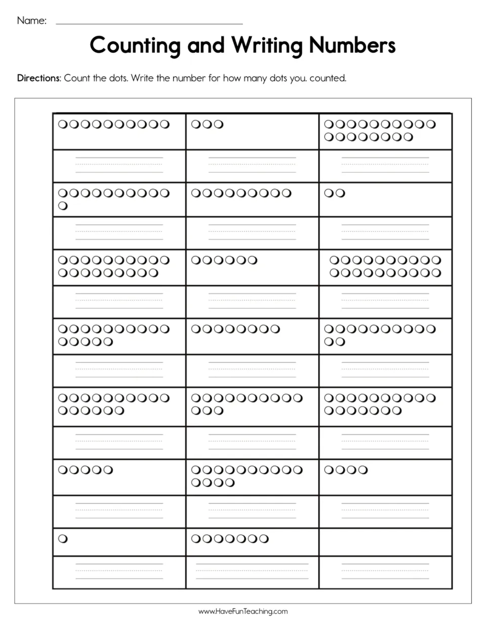 Counting dots 0 to 20: students count 21 sets of dots and write the number for each set on the handwriting line