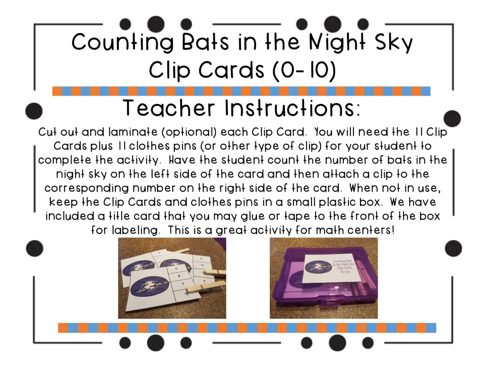 Teacher instructions: cut out the 11 clip cards, use 11 clothespins, and store them in a box with the title label