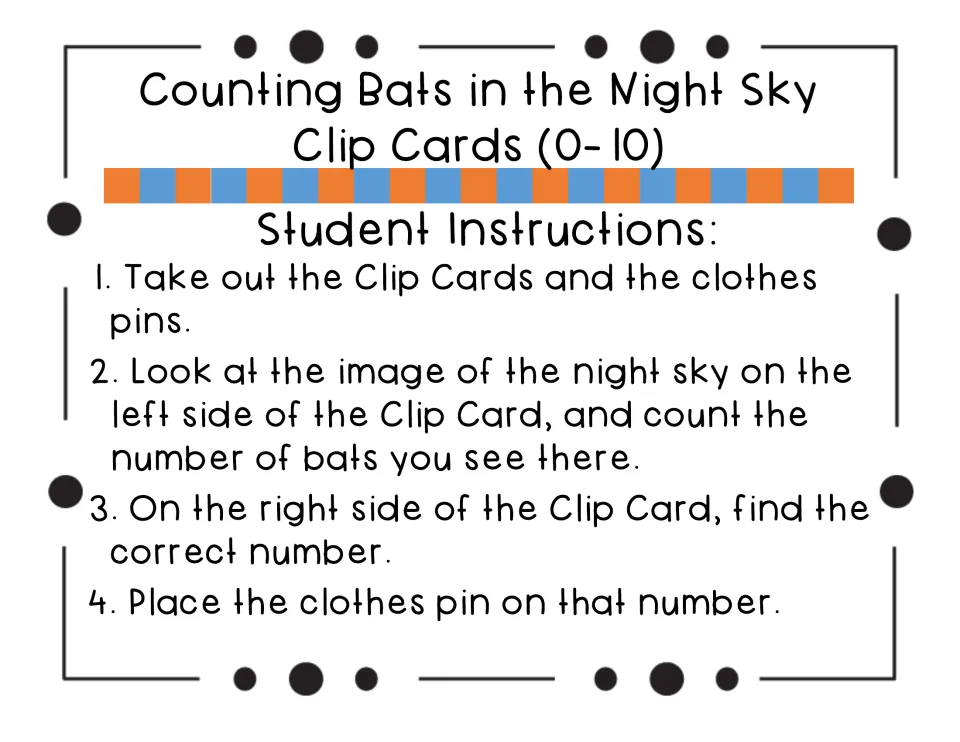 Student instructions in four steps: count the bats on the left, find the number, and clip the clothespin on it