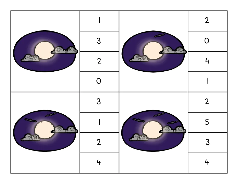 Clip cards 1–4: night skies with 0, 1, 2 and 3 bats, each with four number choices to clip