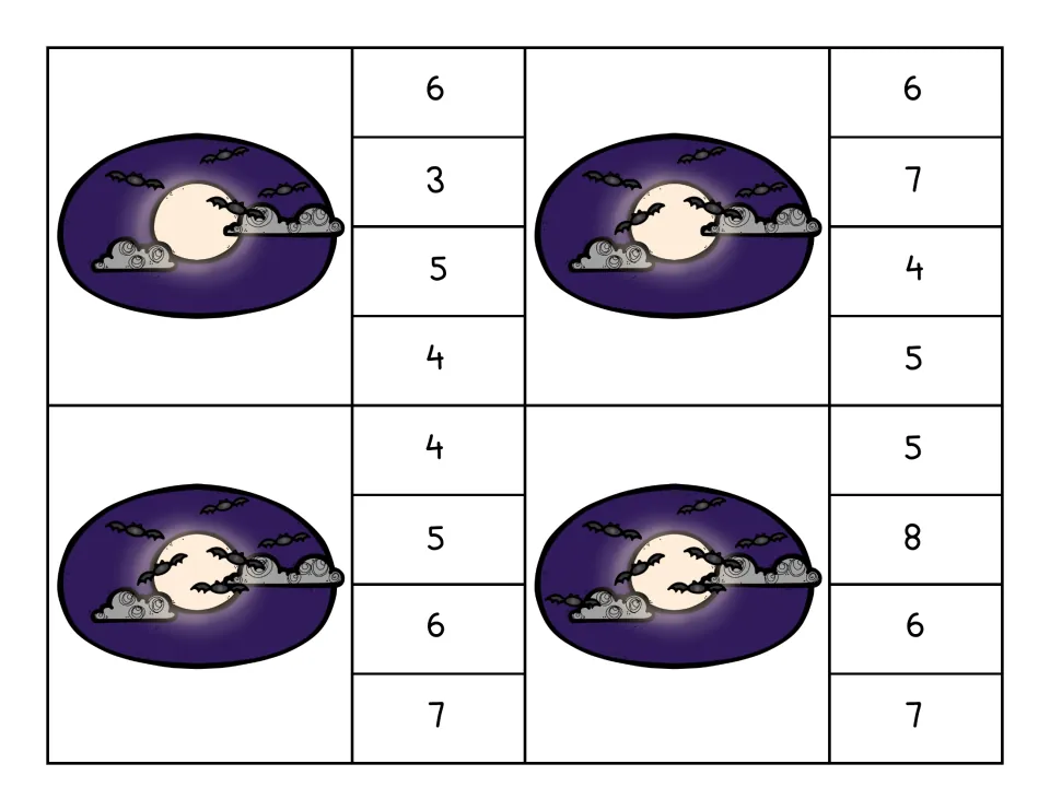 Clip cards 5–8: night skies with 4, 5, 6 and 7 bats, each with four number choices from 3 to 8