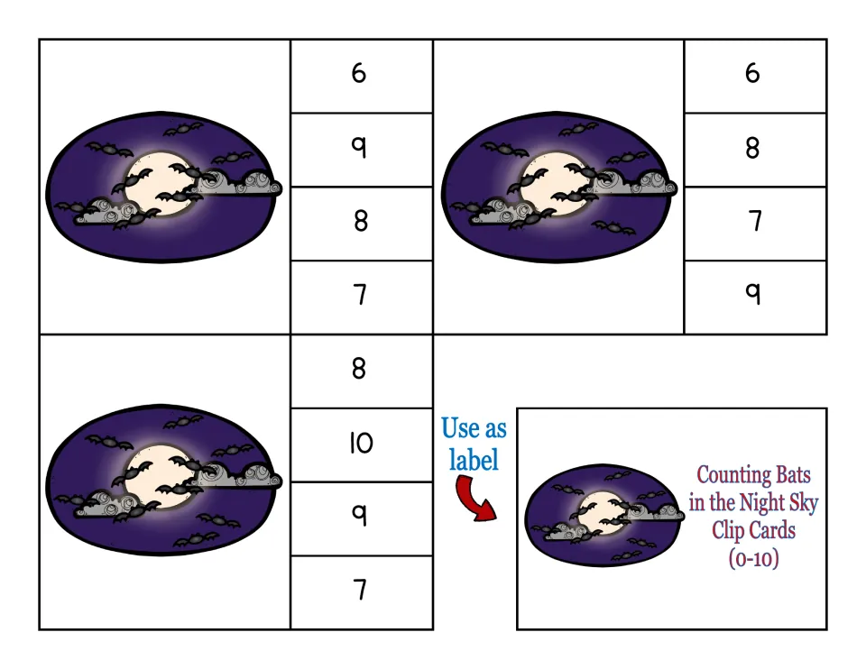 Clip cards 9–11 with 8, 9 and 10 bats, plus a title label card for the storage box