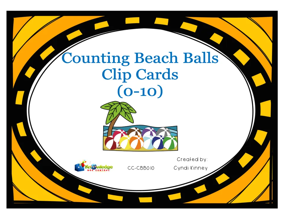 Cover of Counting Beach Balls Clip Cards (0-10) by Cyndi Kinney, showing colorful beach balls under a palm tree