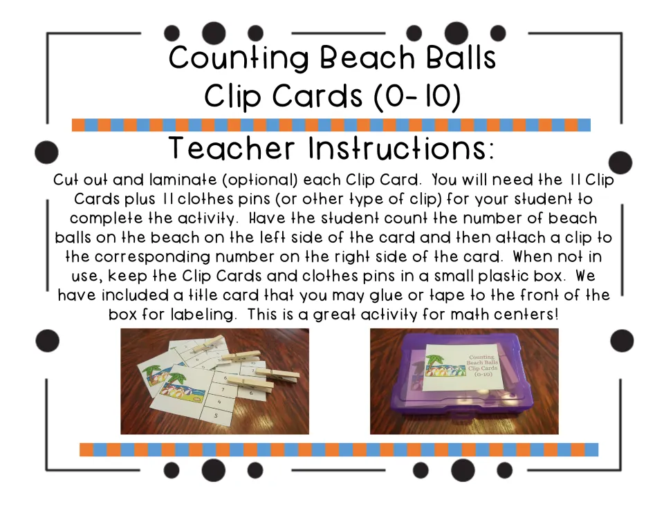 Teacher instructions: cut out and laminate 11 cards, add clothespins, and store the set in a small box with its title label