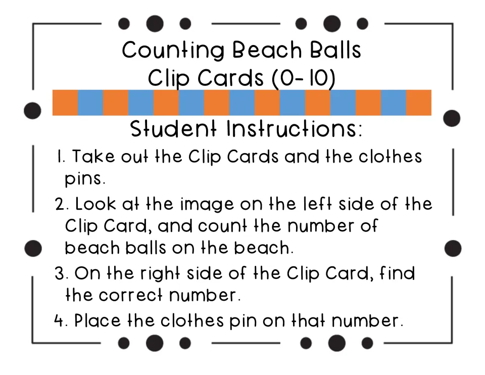 Student instructions: count the beach balls on each card's beach, then clip a clothespin on the matching number