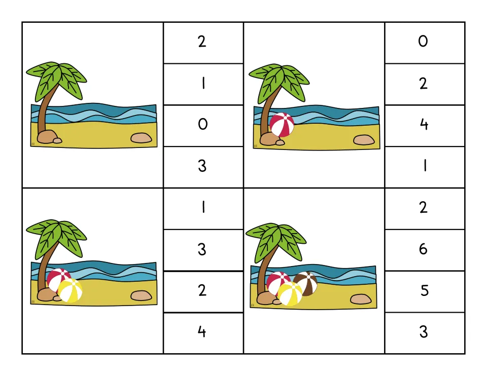 Counting 0 to 3: four cut-out clip cards with 0, 1, 2 or 3 beach balls, each beside four number choices to clip