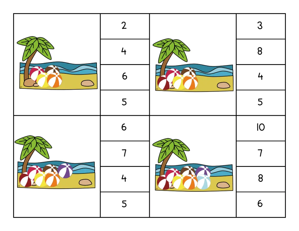 Counting 4 to 7: four clip cards showing 4, 5, 6 or 7 beach balls, with four numerals to choose from on each