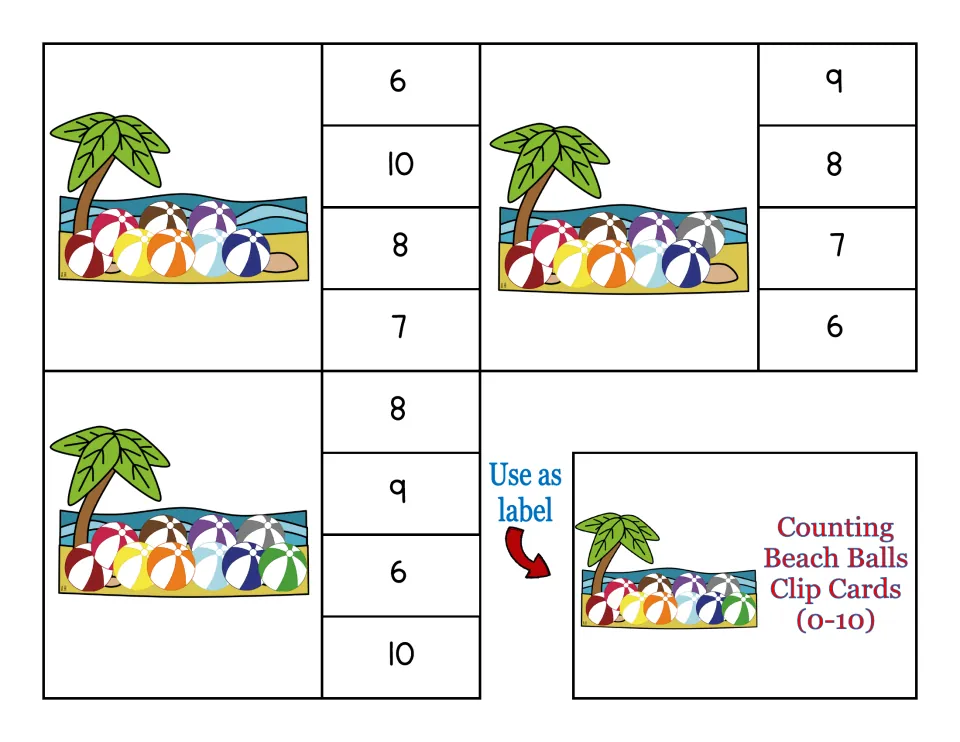 Counting 8 to 10: three clip cards with 8, 9 or 10 beach balls and numeral choices, plus a title card marked Use as label