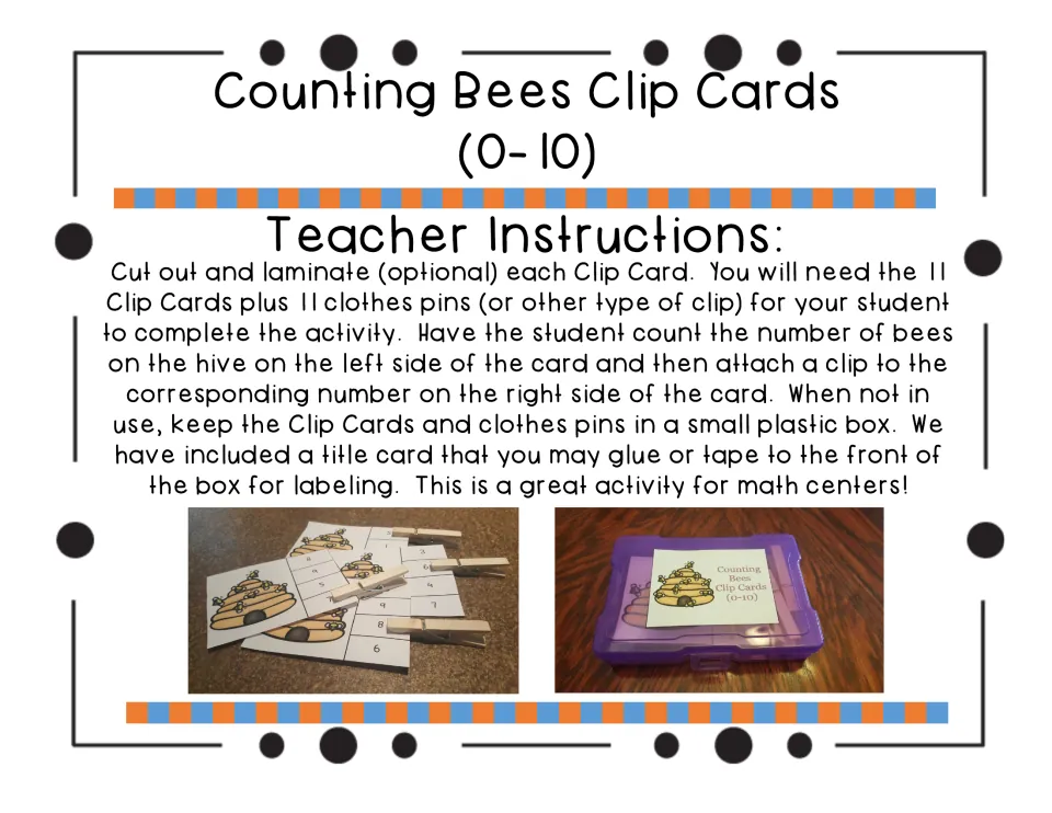 Teacher instructions: cut out and laminate the 11 clip cards, then clip the number matching the bees on each hive