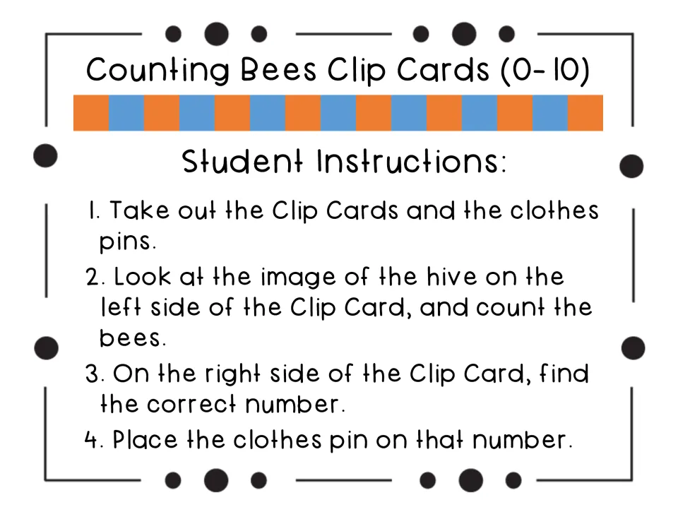 Student instructions: four steps to count the bees on the hive and place a clothespin on the correct number