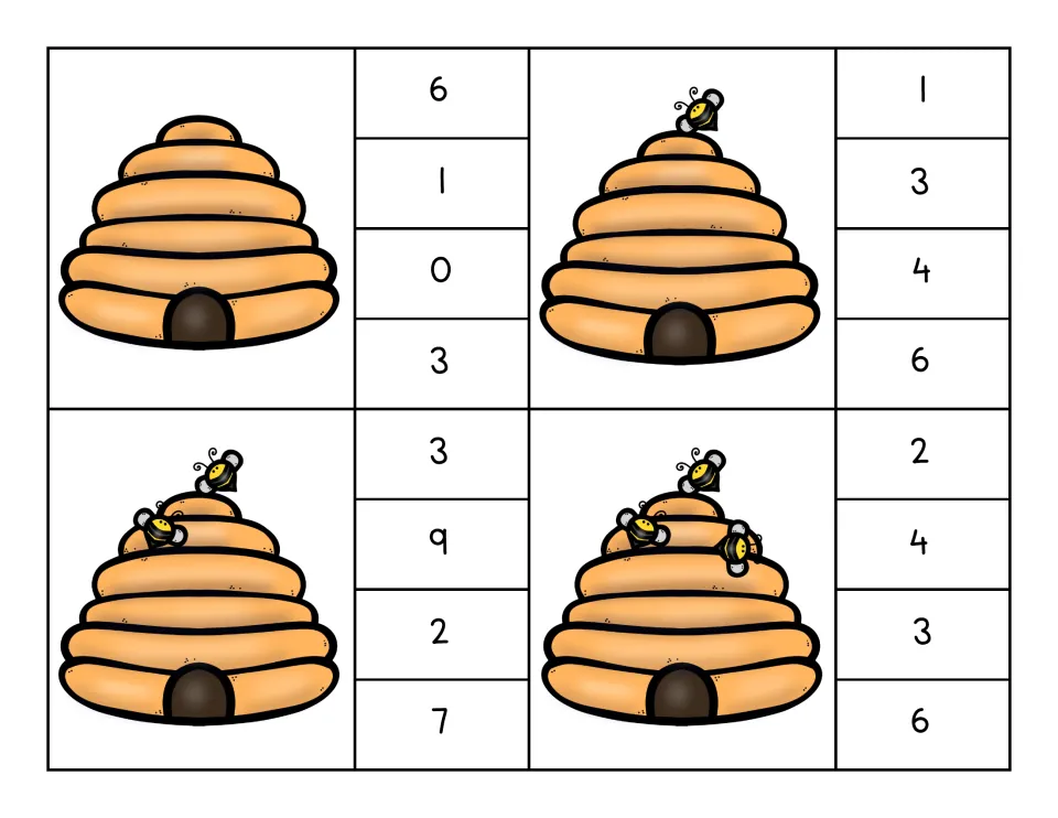Bee clip cards for 0 to 3: hives with zero, one, two and three bees, each with four number choices to clip