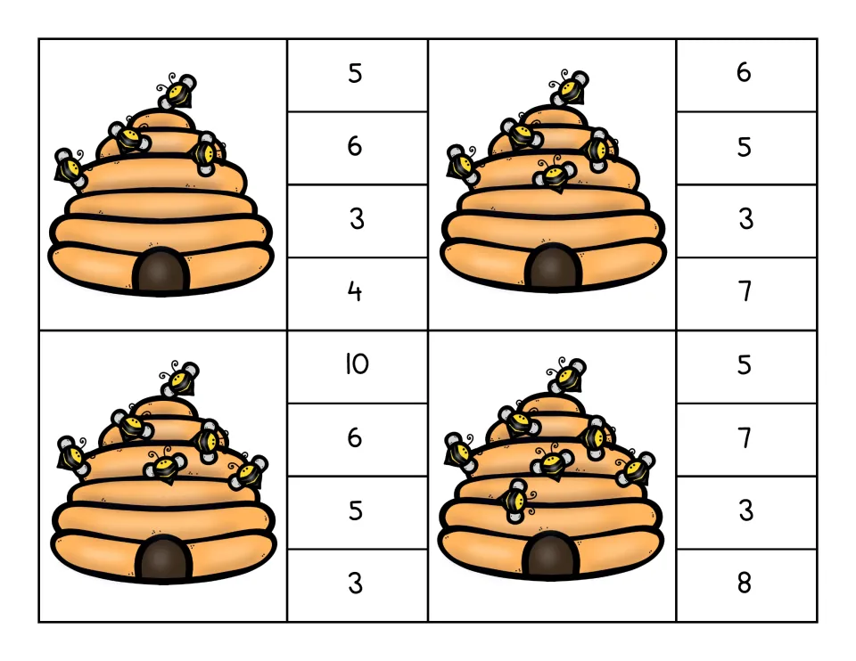 Counting cards for 4 to 7 bees on a hive, each card offering four numbers, such as 5, 6, 3 and 4 on the first