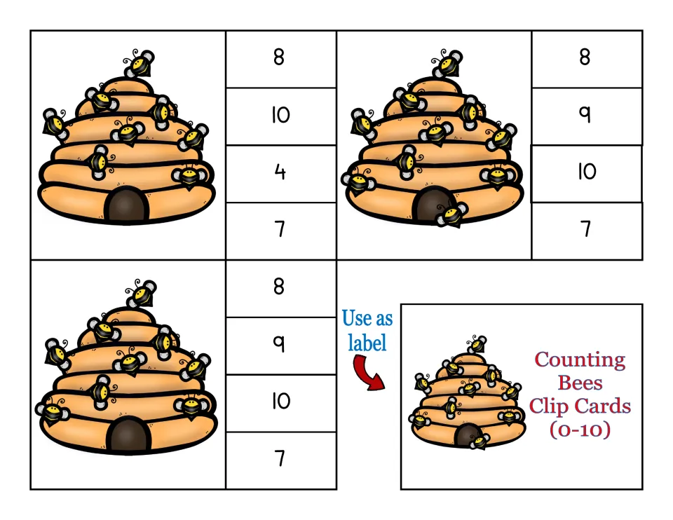 Clip cards for 8, 9 and 10 bees with four number choices each, plus a title card to use as the box label