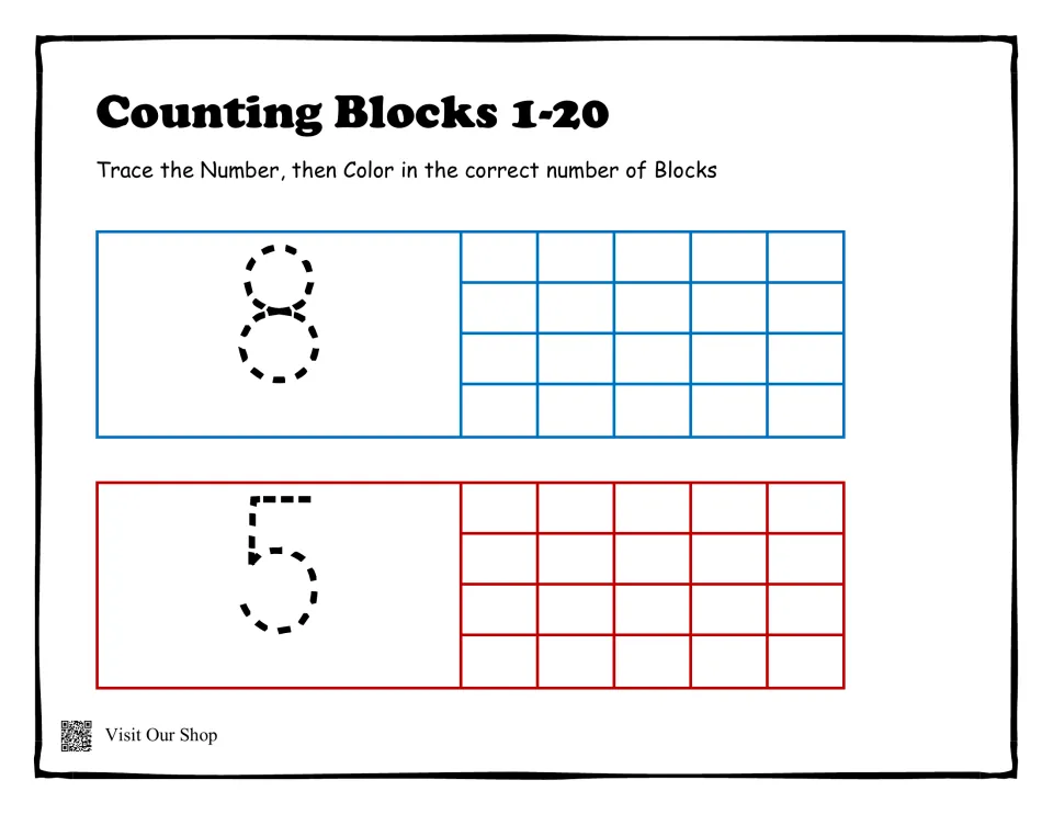 Counting blocks 1-20 practice: students trace dotted numbers 8 and 5, then color that many blocks to show each quantity