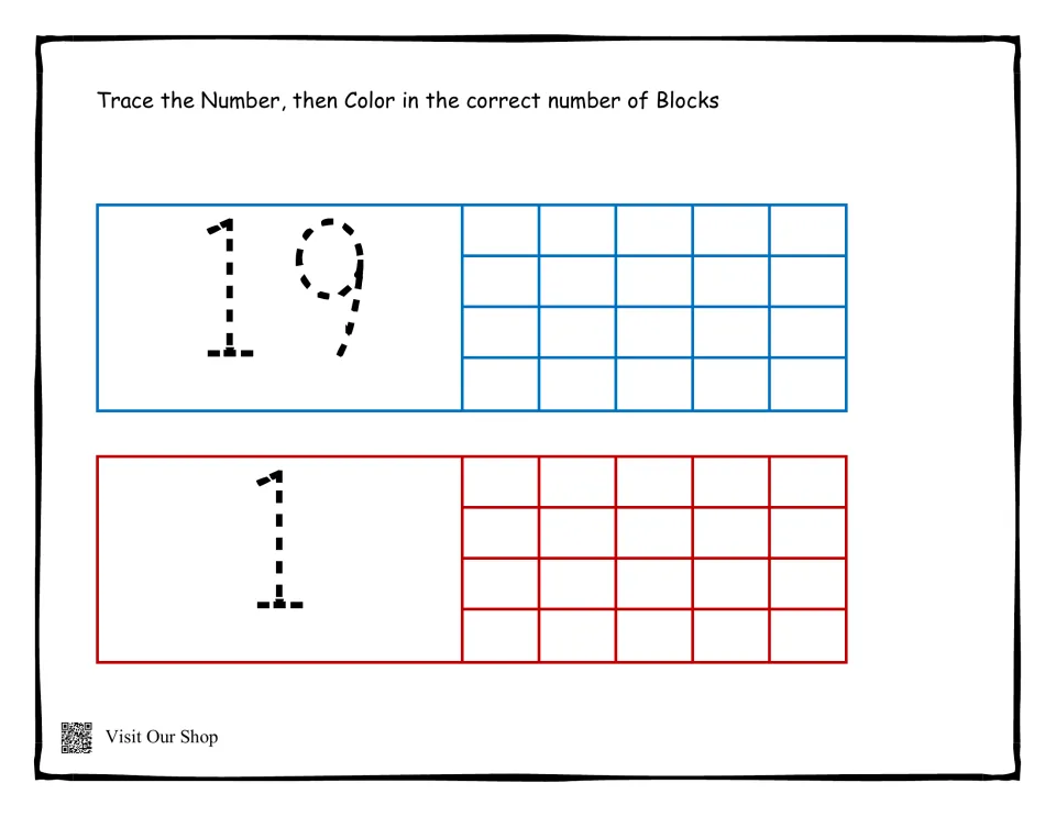 Number sense with 19 and 1: learners trace both dotted numerals, then color 19 blocks and a single block to match