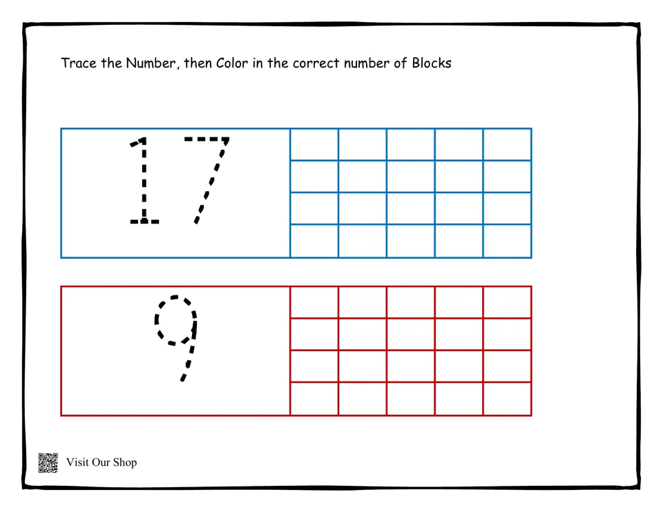 Tracing 17 and 9: students follow the dashed digits and fill in 17 blocks, then 9, to connect numerals to quantities