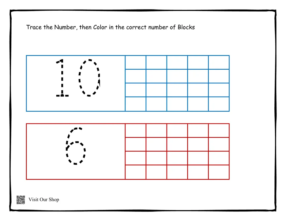 Numerals 10 and 6: children trace the dashed digits and color ten blocks and six blocks, practising one-to-one counting