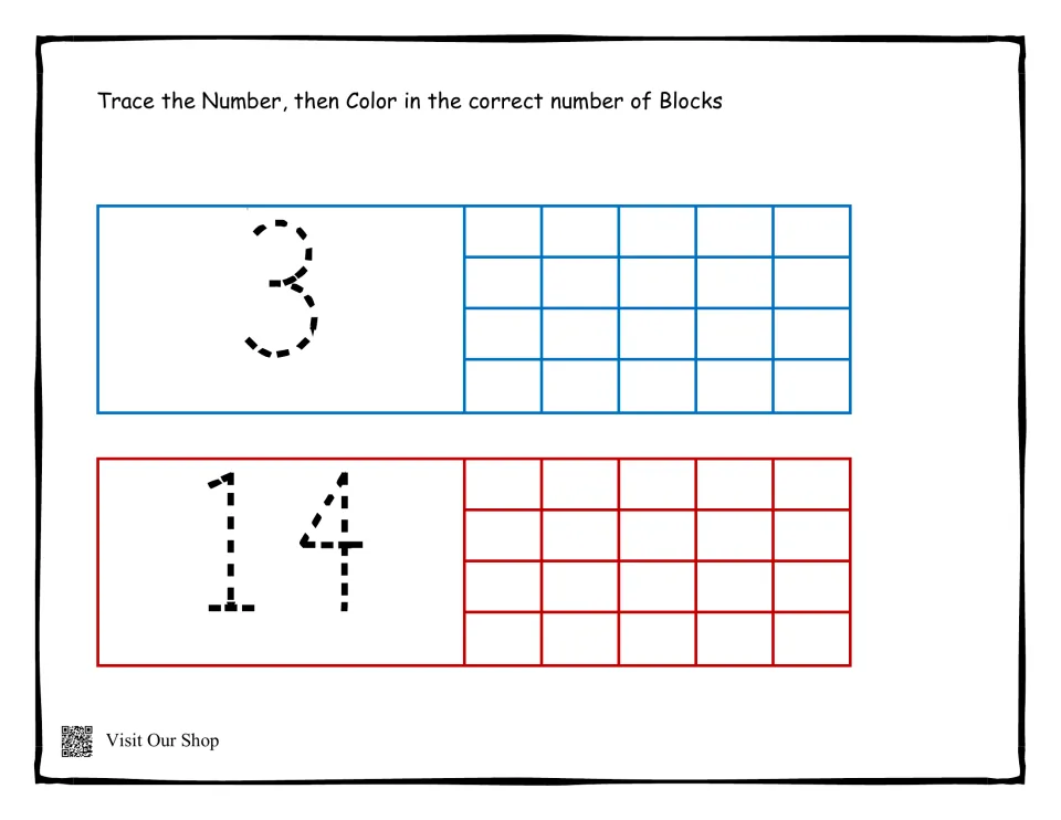 Numbers 3 and 14: learners trace each dotted numeral, then shade three blocks and fourteen blocks to represent each amount