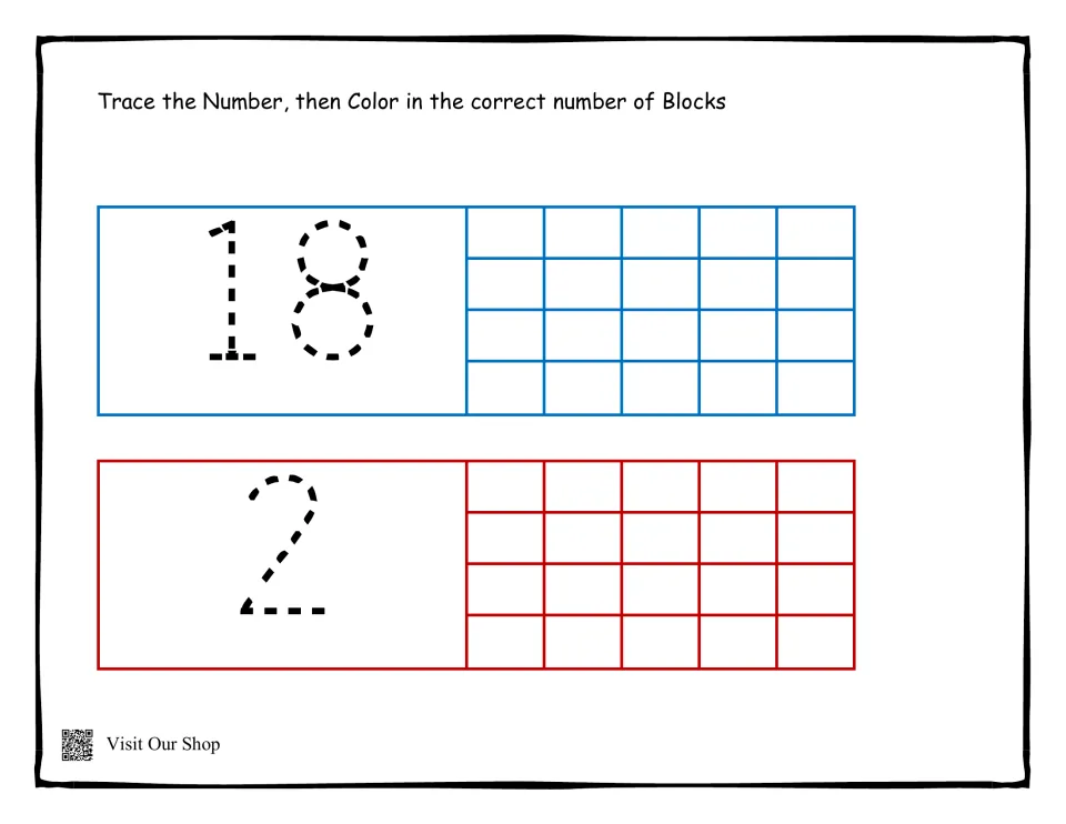 Tracing 18 and 2: students write over dashed numerals and color 18 blocks, then 2, matching quantity to number