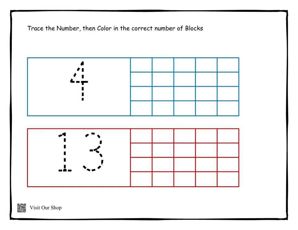 Numbers 4 and 13: students trace the dashed numerals, then shade four blocks and thirteen blocks to match each one