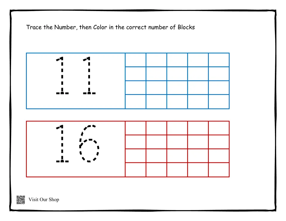 Counting practice sheet 2 of 10: trace 11 and 16, then color the matching number of blocks for each numeral.