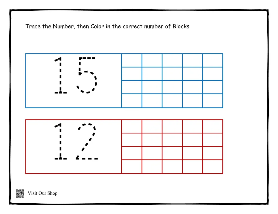 Counting practice sheet 8 of 10: trace 15 and 12, then color the matching number of blocks for each numeral.