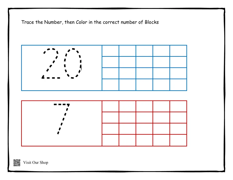 Counting practice sheet 10 of 10: trace 20 and 7, then color the matching number of blocks for each numeral.