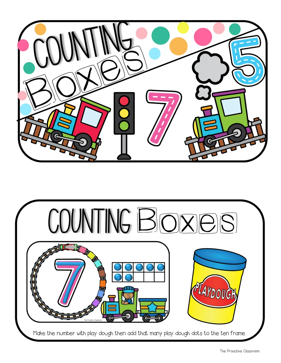 Second set of case labels with trains, traffic light and numbers 5 and 7, plus the make-the-number instruction label