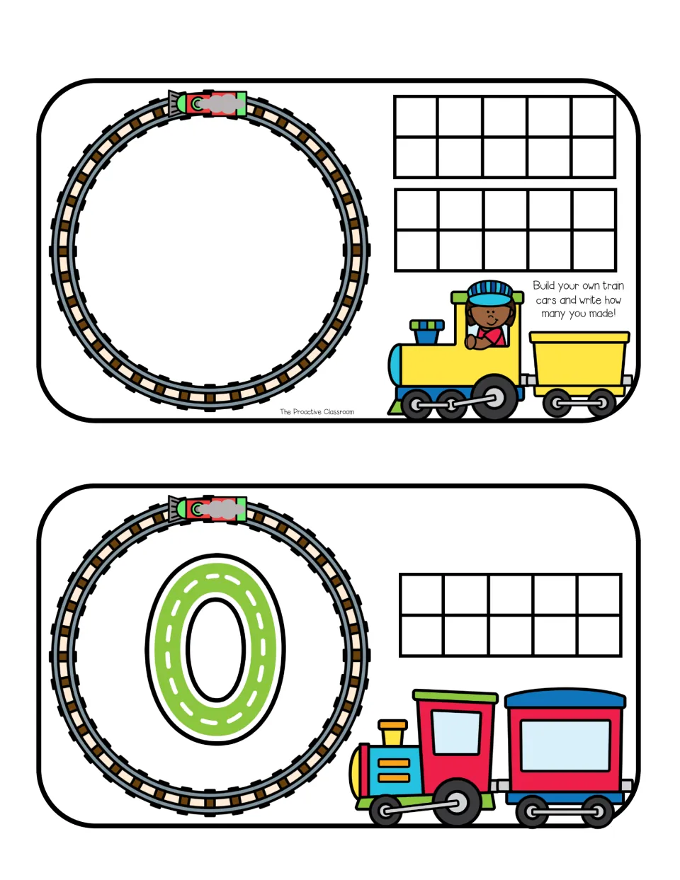 Build-your-own train mat with two blank ten frames, and a 0 card for tracing the number and leaving the ten frame empty