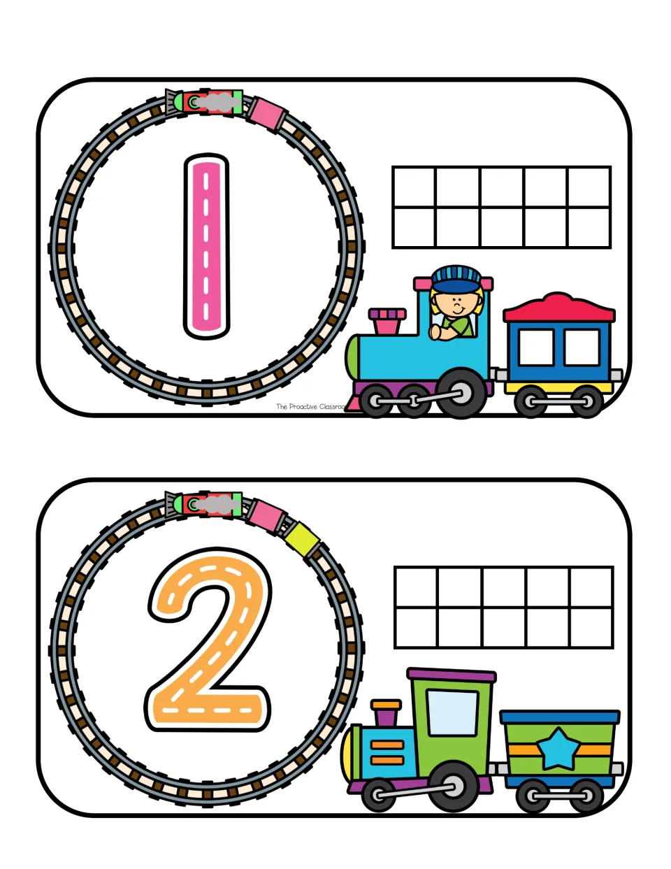 Number mats 1 and 2: count the train cars on the circular track, trace the numeral in play dough and fill the ten frame