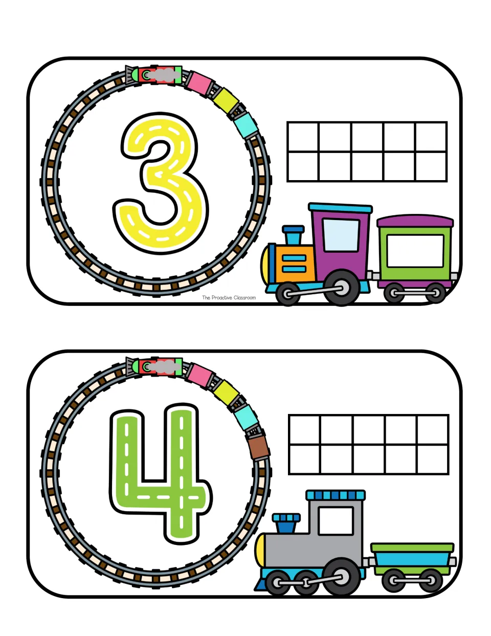 Number mats 3 and 4: students count three or four train cars, form the numeral with play dough and add dots to ten frames