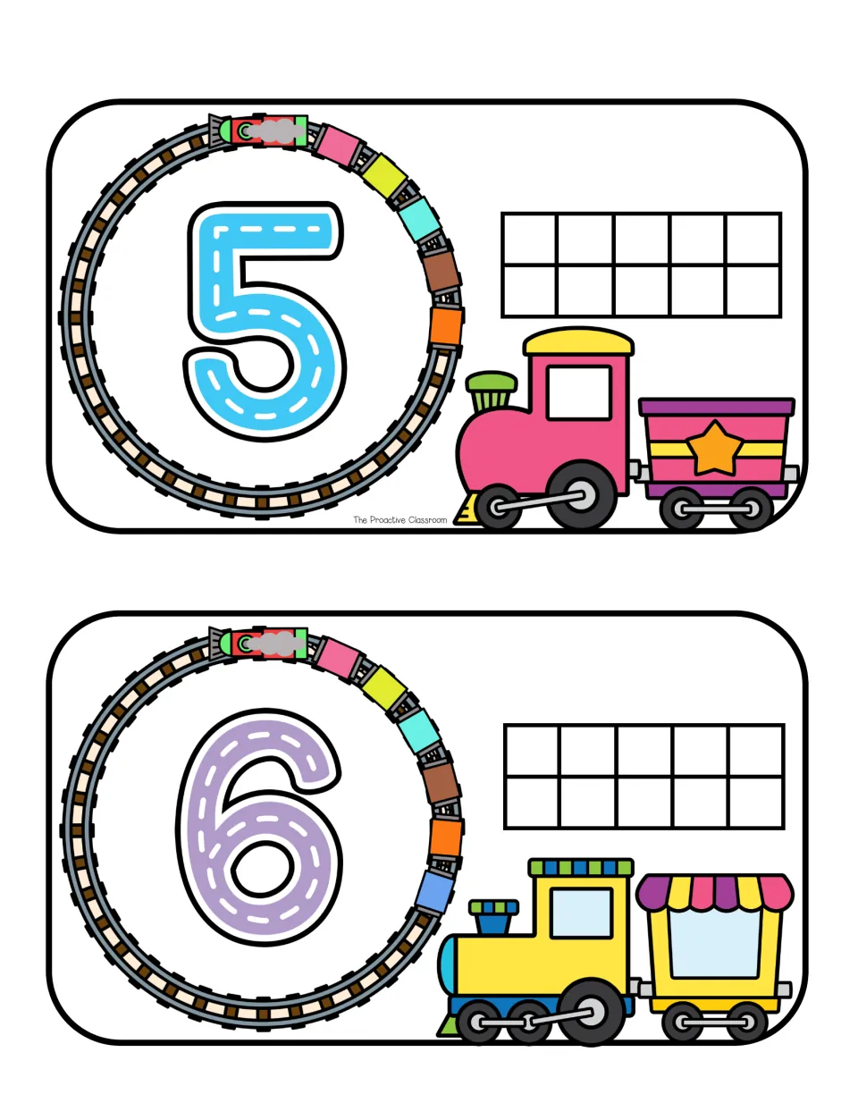 Number mats 5 and 6: counting train cars around the track, tracing each numeral and placing matching dough dots