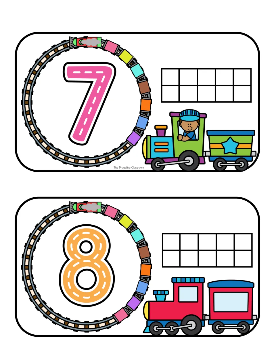Number mats 7 and 8: students count seven or eight cars, roll dough over the numeral and show the amount in a ten frame