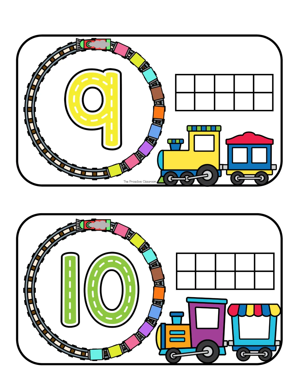 Number mats 9 and 10: counting nine and ten train cars, tracing the numeral in play dough and filling the ten frame