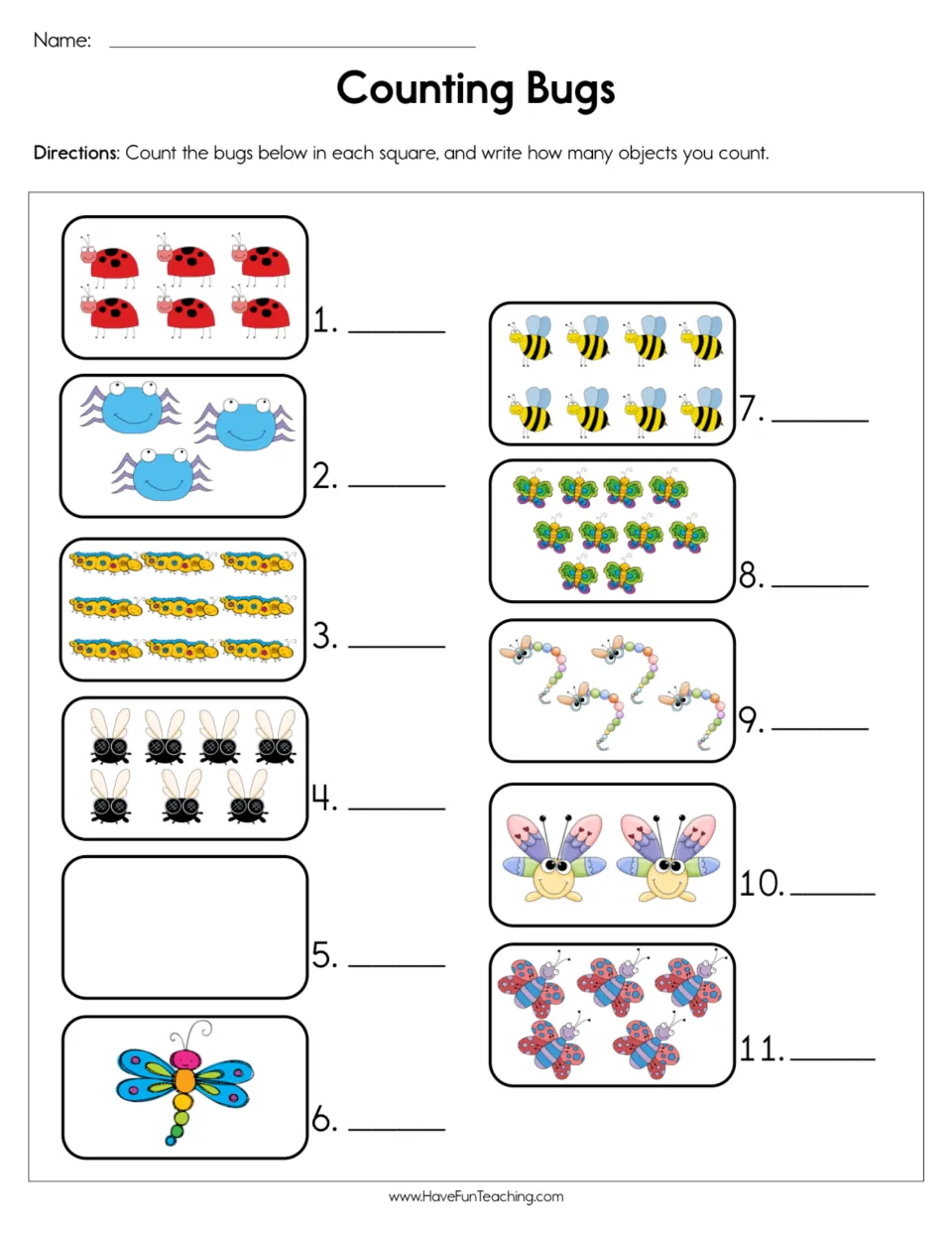Counting objects: students count ladybugs, spiders, caterpillars, bees and butterflies in 11 sets and write each total