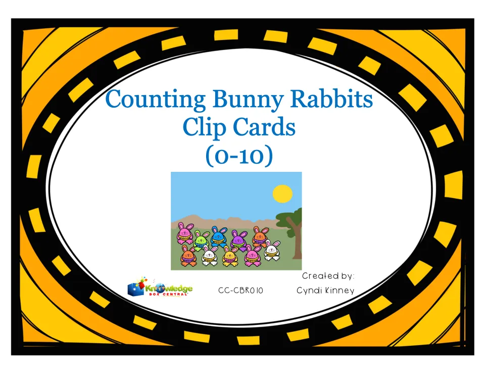 Counting Bunny Rabbits Clip Cards (0-10) cover, showing a group of colorful bunnies on grass, created by Cyndi Kinney