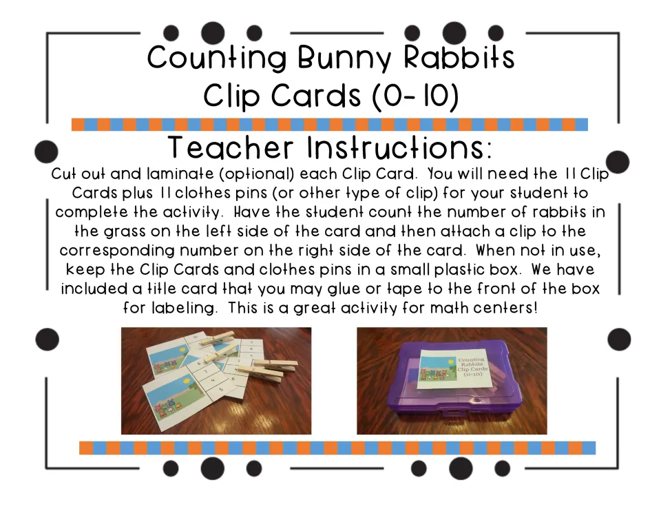Teacher instructions: cut out the 11 clip cards, use 11 clothespins, and store them in a box with the title label