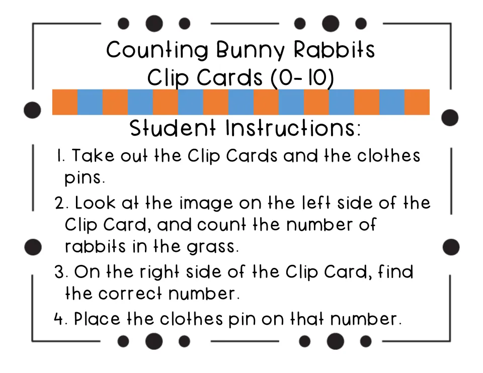 Student instructions in 4 steps: count the rabbits on the left, find that number, and place the clothespin on it