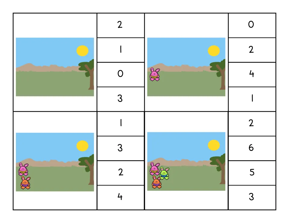 Clip cards for 0 to 3: grass scenes with 0, 1, 2 and 3 bunnies, each with four number choices to clip