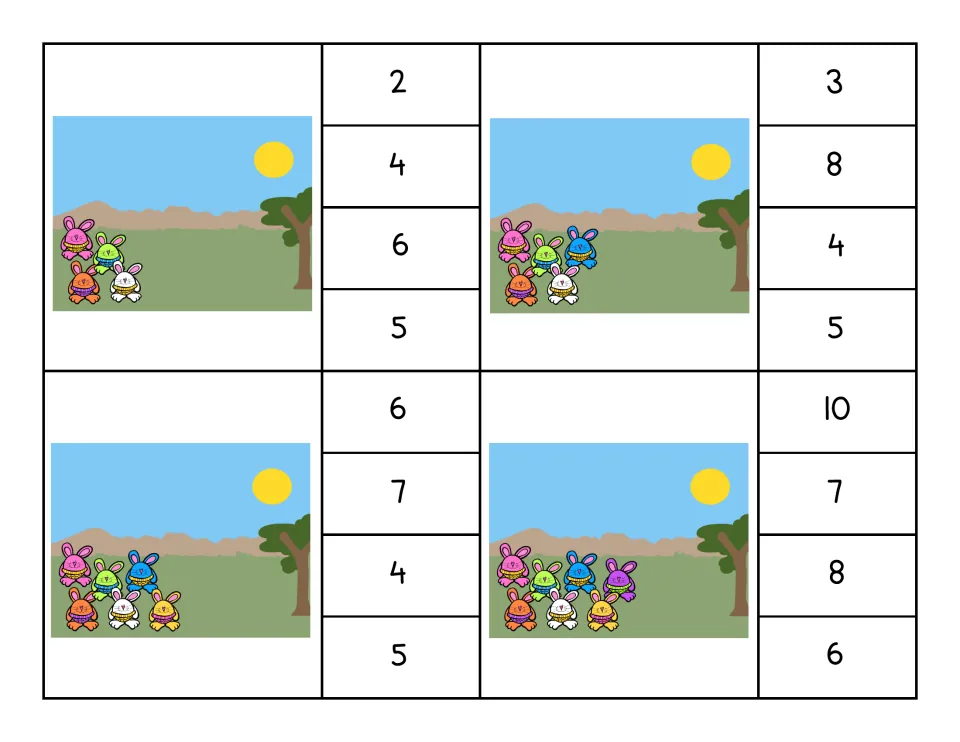 Clip cards for 4 to 7: 4, 5, 6 and 7 bunnies in the grass, each beside four numbers to choose from