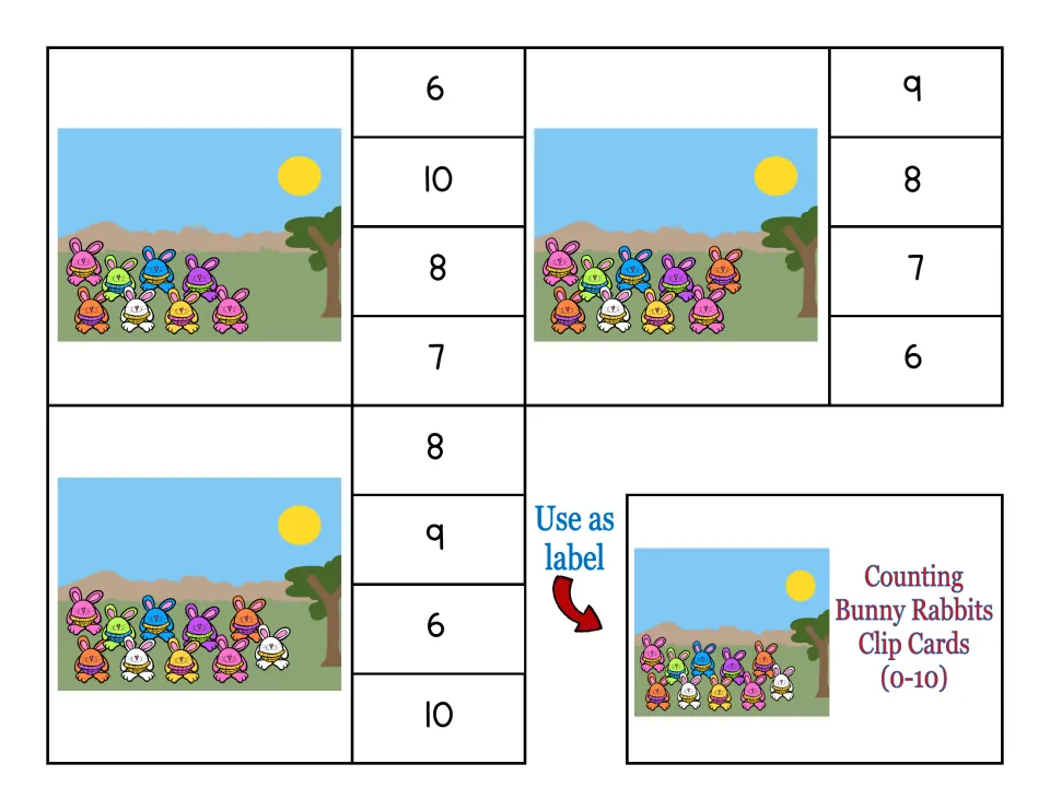 Clip cards for 8, 9 and 10 bunnies in the grass, plus a title card to use as a label for the storage box